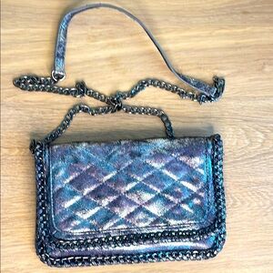 MADISON WEST DISTRESSED METALLIC QUILTED CROSSBODY SILVER PEWTER GUNMETAL CHAIN